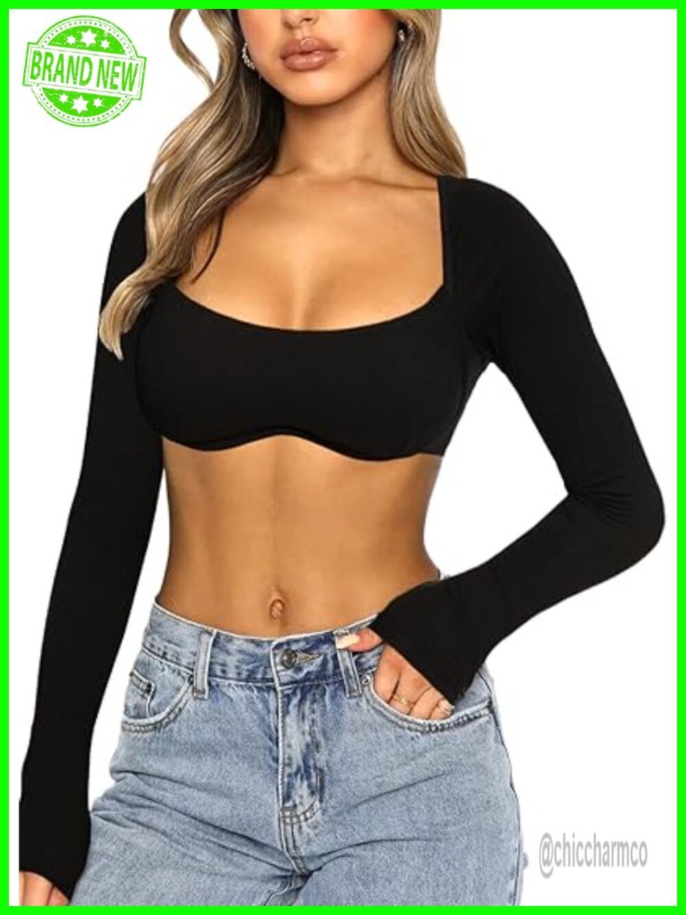 Long Sleeve Ribbed Crop Top Square Neck Backless Corset Tops for Women